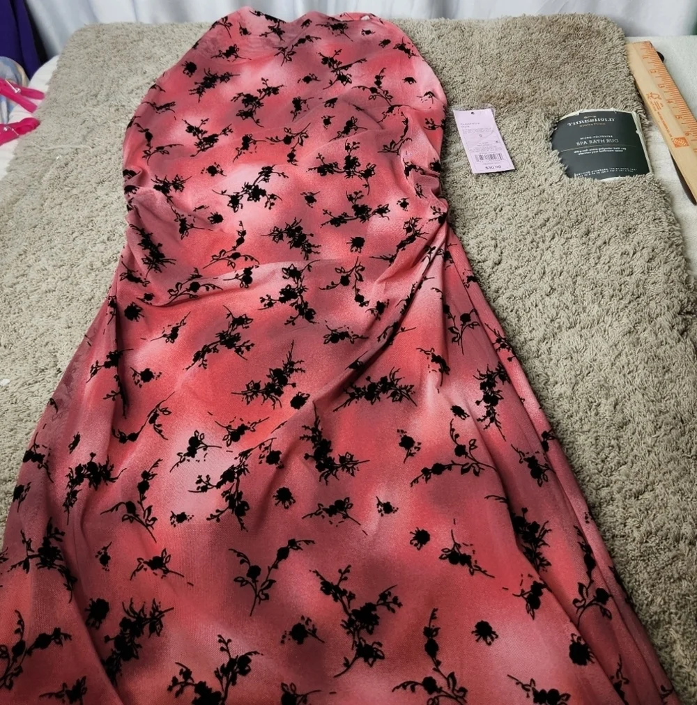 Women's Flocked Mesh Midi Slip Dress-Wild Fable Pink/Black Floral CrissCross XXL